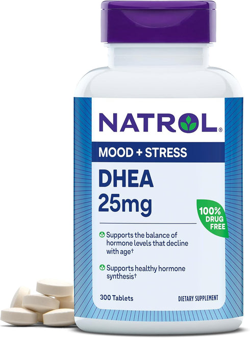Natrol Mood & Stress DHEA 25mg With Calcium, Dietary Supplement for Balance of Certain Hormone Level and Mood Support, 300 Tablets, 300 Day Supply...