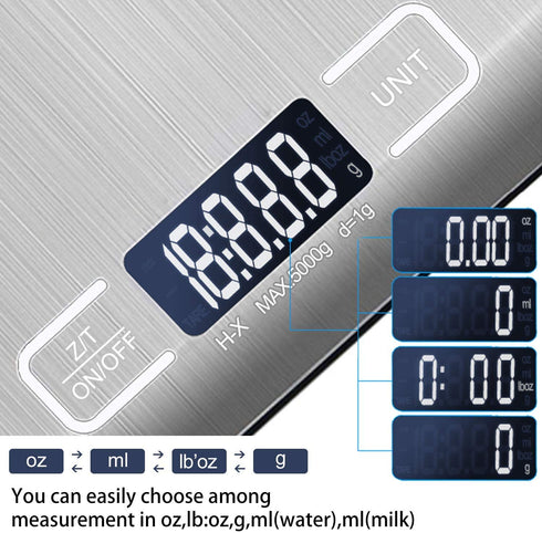 Digital Kitchen Scale,Food Scale for Meat Baking Weighter,Unit Gram OZ lb Up 11 lb(1g-5KG),Silver Stainless Steel Anti-Fingerprint with Accuracy L...
