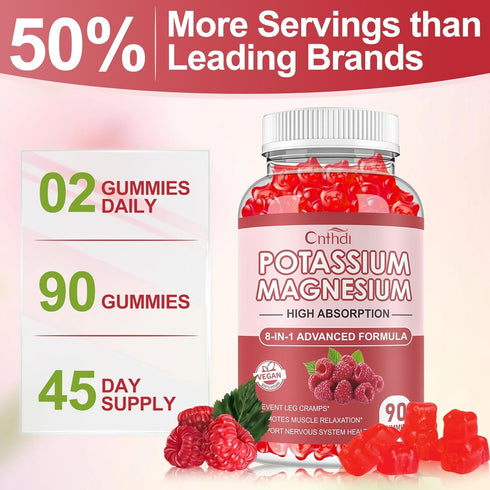 Potassium Magnesium Supplement Gummies - 90 Ct | Sugar Free Magnesium Potassium Supplement with Vitamin D, B6, and CoQ10 for Calm Mood & Sleep Sup...