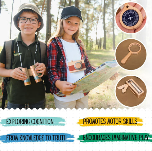 Kids Explorer Kit - Outdoor Pretend Play Kit for Kids - Montessori Outdoor Toys with Wooden Camera Toy, Magnifying Glass, Binoculars, Compass - Ca...