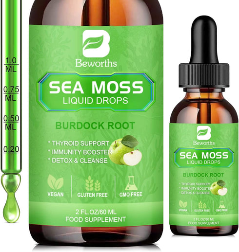 Sea Moss Liquid Drops - Organic Irish Sea Moss Gel with Burdock Root, Vitamin C, B12, 3000mg Seamoss Gel Supplement for Immune, Joint, Detox Clean...