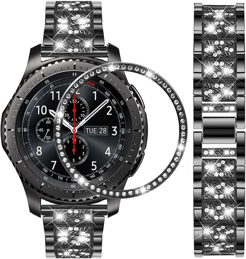 Bands Compatible with Samsung Galaxy Watch 46mm / Gear S3 Frontier/Classic, 22mm Bling Rhinestone Diamond Metal Strap with Bezel Ring Cover Replac...