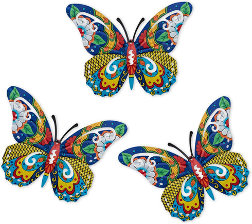Scwhousi Metal Butterfly Mexican Pottery Outdoor Decor,Talavera Garden Decor,Butterfly Wall Art Set of 3,Butterfly Wall Sculpture Hanging Decorati...