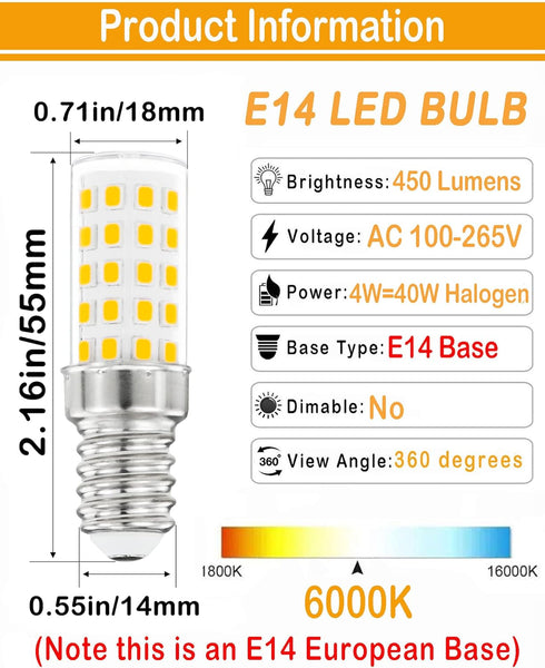E14 European Base Candelabra Light Bulb,40W Equivalent 6000K Cool White AC 100-265V,E14 LED Bulbs for Chandeliers,Turkish Lamp,Refrigerator Bulb,C...