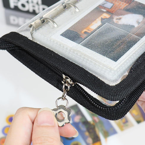 Black Mini Photocard Binder with Zipper and 25 Double-Sided Pockets for Photo Album Business Cards Postcards or Pictures (Black)...