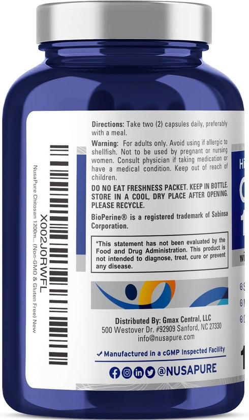 NusaPure Chitosan 1200mg 150 Caps (Non-GMO & Soyfree) with Bioperine...