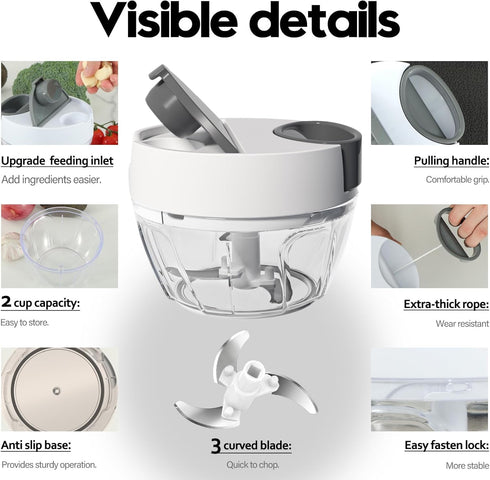Ourokhome Vegetable Chopper Manual Food Processor, Kitchen Mini Portable Hand Pull String Garlic Mincer Onion Chpper Cutter with Feeding Inlet for...