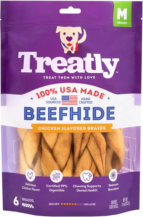 USA Beefhide Braids 7-8" Dog Chew Treats - Chicken Flavor, 6 Count/1 Pack...