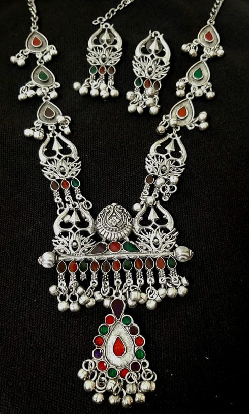 Ethnic Designer Traditional Indian Afghani Antique Silver Oxidized Black Polish Trishul Long Necklace Jewelry...