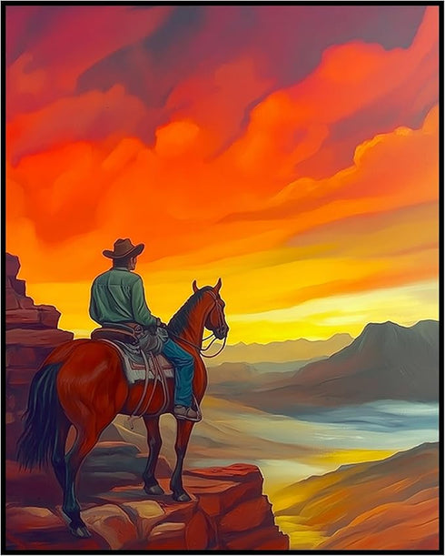 Posterizer 1 pcs-vibrant painting style art-cowboy on horse in the wild 2-Western Art-Men's Art Collection-Living Room Bedroom Decor- unframed wal...