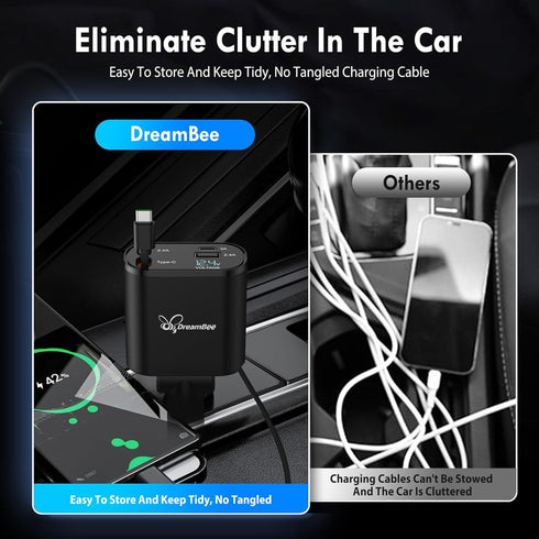 Retractable Car Charger,66W 4 in 1 Super Fast Charge Car Phone Charger,Retractable Cables (31.5 inch) and 2 USB Ports Car Charger Adapter for iPho...