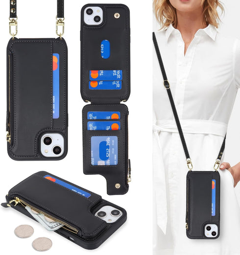 Cavor for iPhone 13 Case with Card Holder,iPhone 13 Wallet Case for Women,Phone Case iPhone 13 Case with Strap,Crossbody Lanyard and Wristlet,Leat...