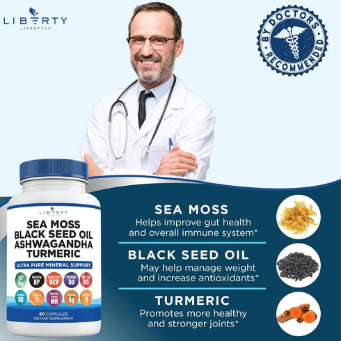 Sea Moss 3000mg Black Seed Oil 2000mg Ashwagandha1000mg Burdock 1000mg Root Mineral Support (120)...