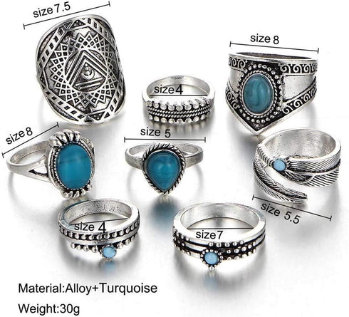 Barode Boho Turquoise Knuckle Vintage Feather Joint Knuckle Ring Set Stackable Midi Ring Set for Women(8PCS)...