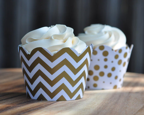 Gold and White Cupcake Wrappers for Weddings, Graduations, Kids and Adult Birthday Parties, Baby Showers. Set of 24 Reversible Cup Cake Holder Wra...