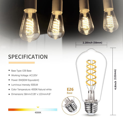 6 PCS Dimmable Vintage LED Edison Bulbs, 6W Equivalent 60 Watt, Natural White 4000K, Antique Flexible Spiral LED Filament Light Bulb, ST58 (ST19),...