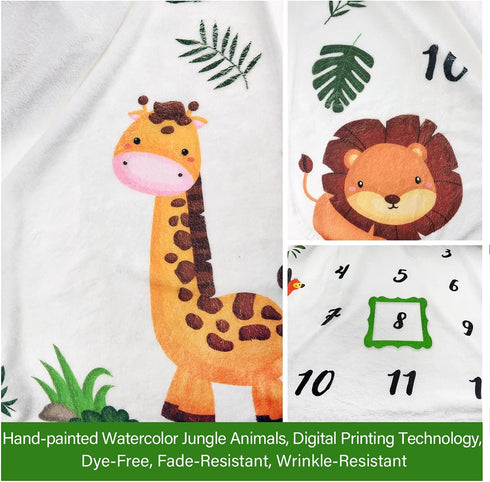 Baby Monthly Milestone Blanket Boy - Jungle Animals Neutral Newborn Month Blanket for Boy & Girl Personalized Shower Gift Safari Nursery Decor Pho...