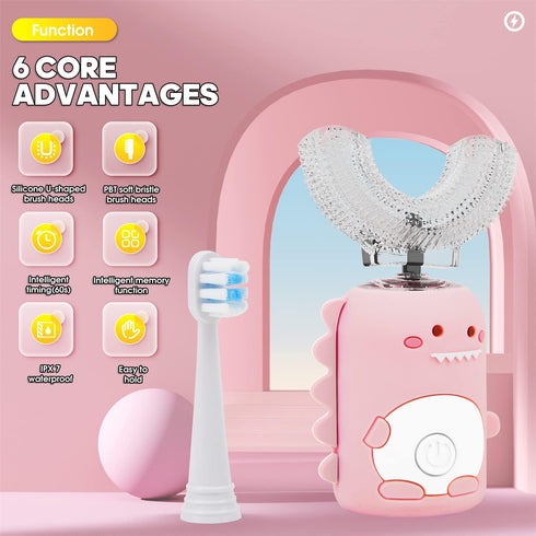 Toddler Toothbrush, U Shaped Toothbrush Kids w/ 5 Brush Heads, 3 Clean Modes, IPX7 Waterproof 360 Kids Electric Toothbrushes 60s Smart Reminder, S...