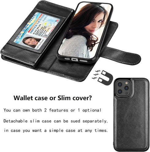 Njjex iPhone 12 Mini Wallet Case (2020), 5.4" with 9 Card Slots, PU Leather, Detachable Kickstand, Magnetic Cover & Lanyard - Black...