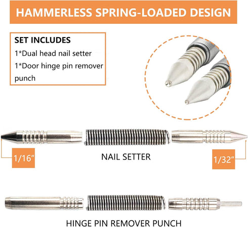 2-Piece Dual Head Nail Setter and Hinge Pin Punch Set, Hammerless 1/32?& 1/16?Spring Nail Set, 5000 PSI Striking Force Door Pin Removal Tool...