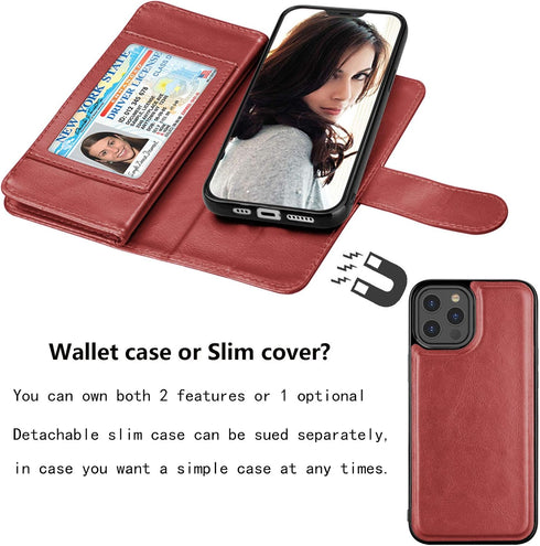 Njjex iPhone 12 Pro Max Wallet Case (2020) with 9 Card Slots, PU Leather, Detachable Kickstand, Lanyard & Magnetic Closure - Wine Red...