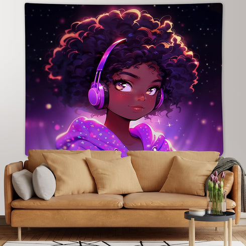 SARA NELL Tapestry Black Girl African American Girl Love Music Tapestries Hippie Art Wall Hanging Throw Tablecloth 50X60 Inches for Bedroom Living...