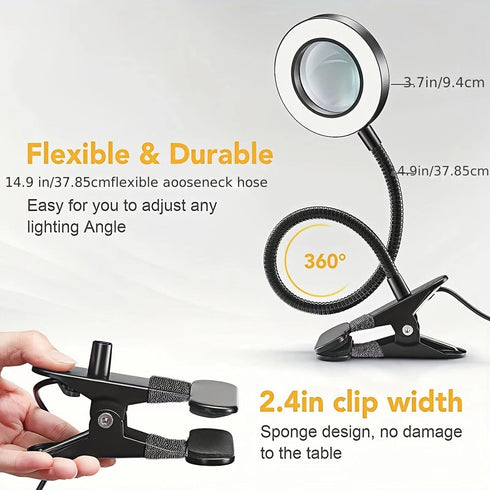 Magnifying Glass with Light and Stand 10X, Craft Lamp Adjustable Gooseneck Clip on light 12W 3 Colors Dimmable LED Desk Lamp for Reading, Working,...