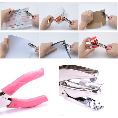 1 Pack 6.3 Inch Length 1/16 Inch Diameter of Circle Hole Handheld Single Paper Hole Punch, Puncher with Pink Soft Thick Leather Cover (Heart and S...