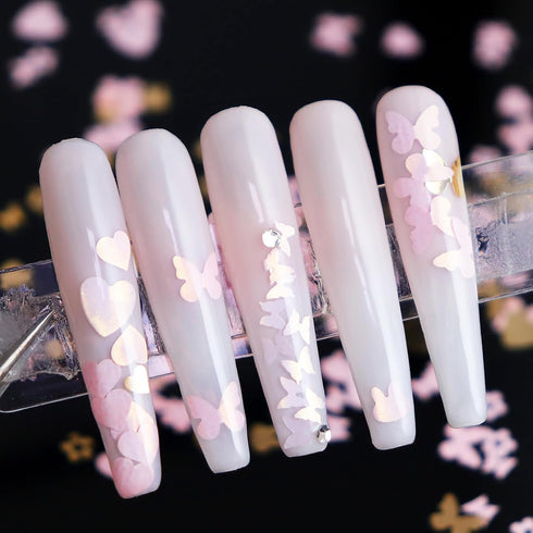 6 Girds Valentine’s Day Pink Nail Art Glitter Sequins,Laser Glitter Flakes with Gold Heart Butterfly Designs 3D Holographic Nail Art Glitter for V...