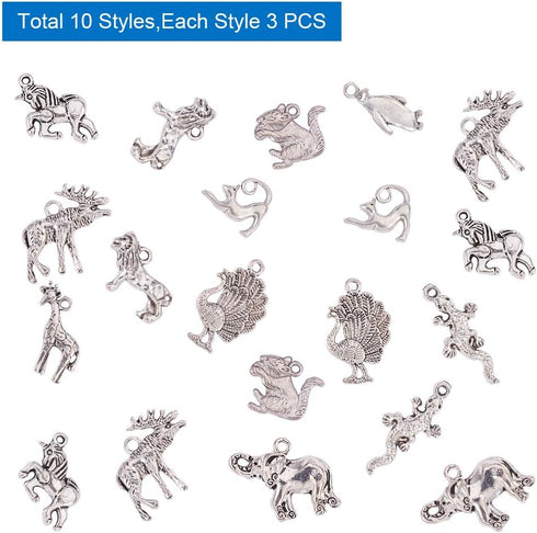 PH PandaHall 10 Style Animals Charms, 30pcs Antique Silver Tibetan Alloy Giraffe Unicorn Cat Charms Pendant Beads Charms for DIY Bracelet Necklace...