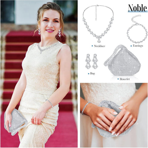 Sanwuta 4 Pcs Silver Clutch Purses for Women Evening Rhinestone Jewelry Set Necklace Earrings Bracelet Wedding Accessories...