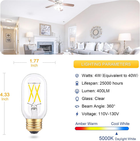 T14/T45 LED Tubular Bulb- 4W 5000K Daylight White- E26 Base Dimmable LED Filament Light Bulbs- 40W Equivalent 400 Lumens, 6-Pack...