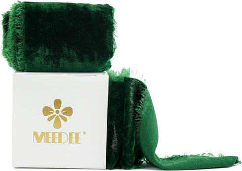 MEEDEE Green 3 Inch Velvet Ribbon Fringe Raw Edge Silk for Wreaths, Flower Bouquet, Dress Sash, Baby Shower, Wedding Decor (3 Yards)...