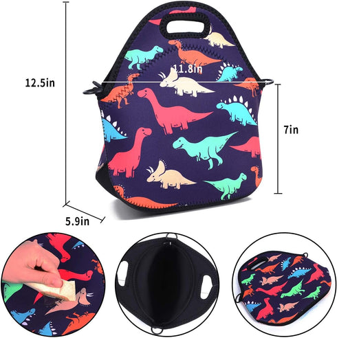 Violet Mist Neoprene Lunch Bag Reusable Insulated Box with Adjustable Shoulder Strap for Women and Men, Dinosaur 2, 11.42"L x 10.43"H x 5.51"W...