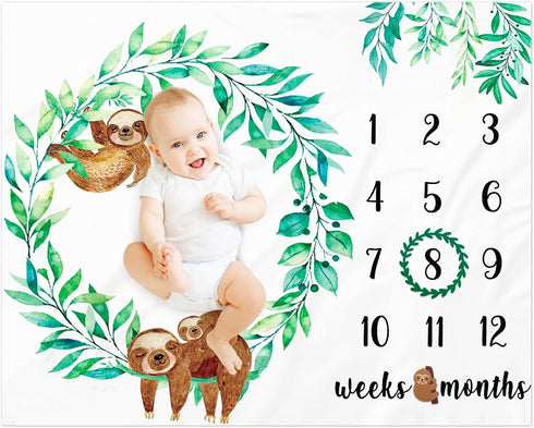 Baby Sloth Monthly Milestone Blanket Gender Neutral Greenery Watercolor Jungle Design Perfect Baby Blanket for Boys and Girls Newborn Baby Gift Id...