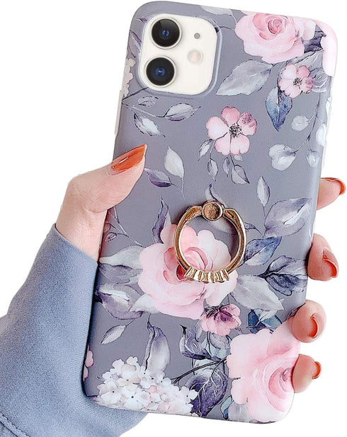 Qokey Compatible with iPhone 11 Case 6.1 inch,Floral Cute Clear for Men Women Girls with 360 Degree Rotating Ring Kickstand Soft TPU Shockproof Co...