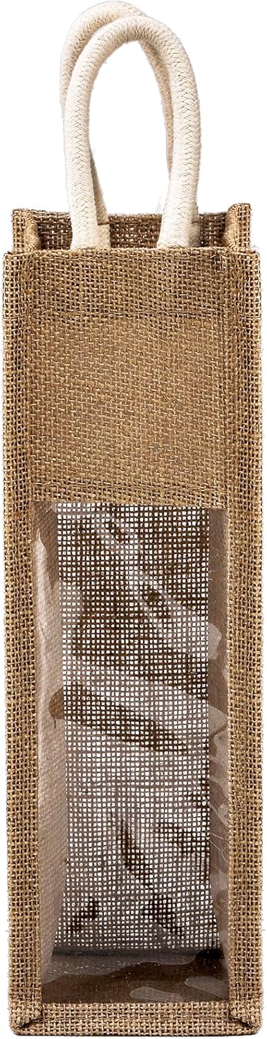 Peohud 3 Pack Burlap Wine Bottle Bags, Jute Wine Gift Bag with Window and Handle, Reusable Wine Carrier Tote Bags for Wedding Birthday Party Chris...