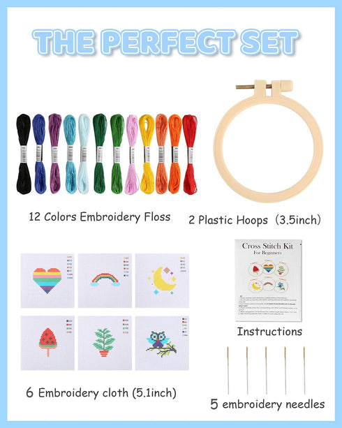 Pllieay Cross Stitch Beginner Kit for Kids 7-13, Includes 6pcs Project Cross Stitch Pattern and 2pcs Hoops, 12 Skeins, Needle Point Starter Kit Se...