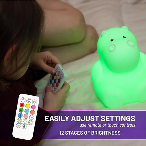 Lumipets Remote Control Silicone Night Light for Kids - Hippo Design with 9 Soft Colors & Sleep Timer - Rechargeable, Battery-Operated Lamp for Be...
