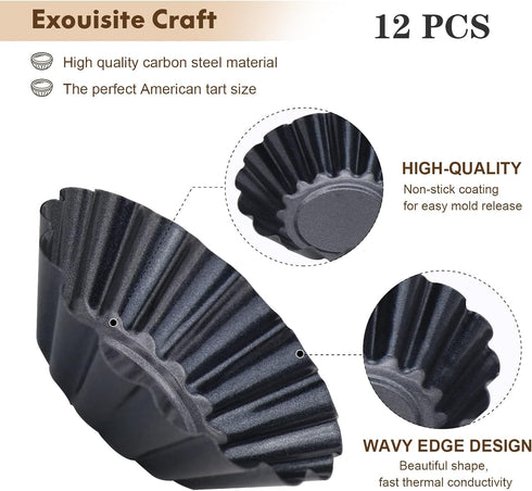 Egg Tart Molds, 12 PCS Non-Stick Very Mini Tart Pans, Mini Tart Mold 3 InchTop, 1.7 Inch Bottom, 0.9Inch High, Carbon Steel, Kitchen Reusable Baki...