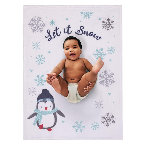 NOJO Penguin White, Aqua, and Gray Let it Snow Christmas Photo Op Super Soft Baby Blanket...