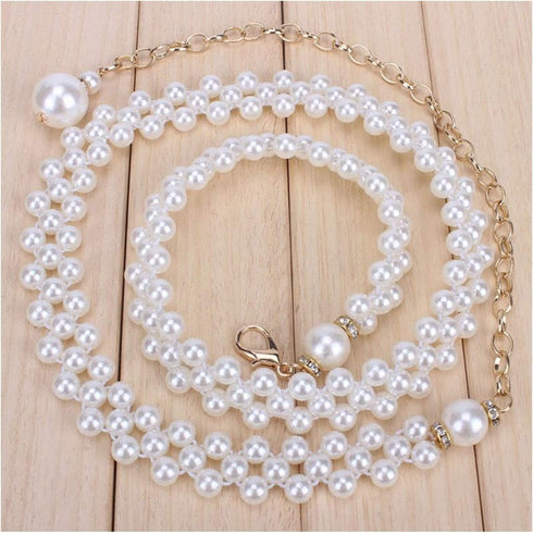 Women's Fashion Pearl Decorative Metal Waist Chain, White, Size 100cm...