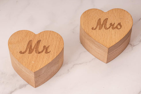 Strova Heart Shaped Wooden Ring Box for Wedding Rings – Set of 2 with Engraved Mr. & Mrs. Lettering – Ring Bearer Box for Display or Personal Orga...