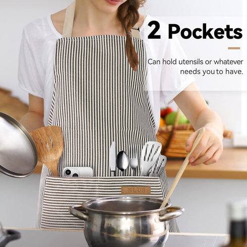 NLUS 2 Pack Cooking Aprons for Women with Pockets, Adjustable Kitchen Bib Aprons Chef Aprons for Women Men(Brown Pinstripes)...