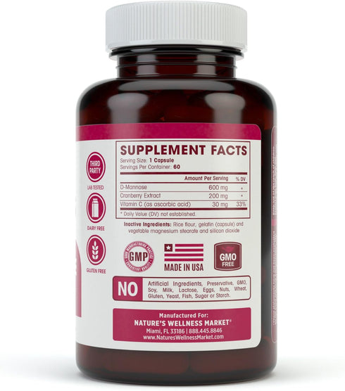 D MANNOSE with Cranberry Extract & Vitamin C - Urinary Tract UT Cleanse & Bladder Health - Protects Against Urinary Tract Infections UTI - Natural...
