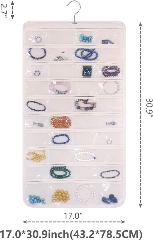 DIOMMELL 80 Pockets Hanging Jewelry Organizer for women, Storage Bag for Earrings Necklace Bracelet Ring accessory display holder, Beige...