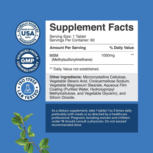 Pure MSM Supplement Tablets Joint Support for Increased Flexibility with Youthful Collagen Boosting Pills and Antioxidant Supplement for Men and W...