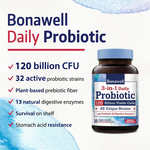 Bonawell Probiotics 120 Billion CFU 32 Strains with Prebiotics, Digestive Enzymes for Gut Health, 3-in-1 Daily Probiotic, Shelf-Stable, Delayed-Re...