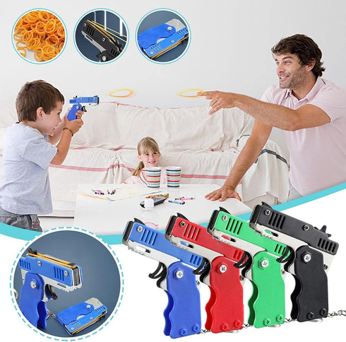 Kids Toys Cool Keychain Rubber Band Mini Metal Folding Rubber Launcher Toy with 60 Elastic Rubber Bands for Game Outdoor Activities (Blue)...