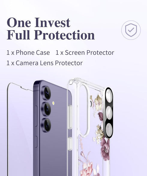 GVIEWIN for Samsung Galaxy S24 Plus Case with Screen Protector+Camera Lens Protector, Clear Stylish Floral Pattern Slim Protective S24+ Plus Cover...
